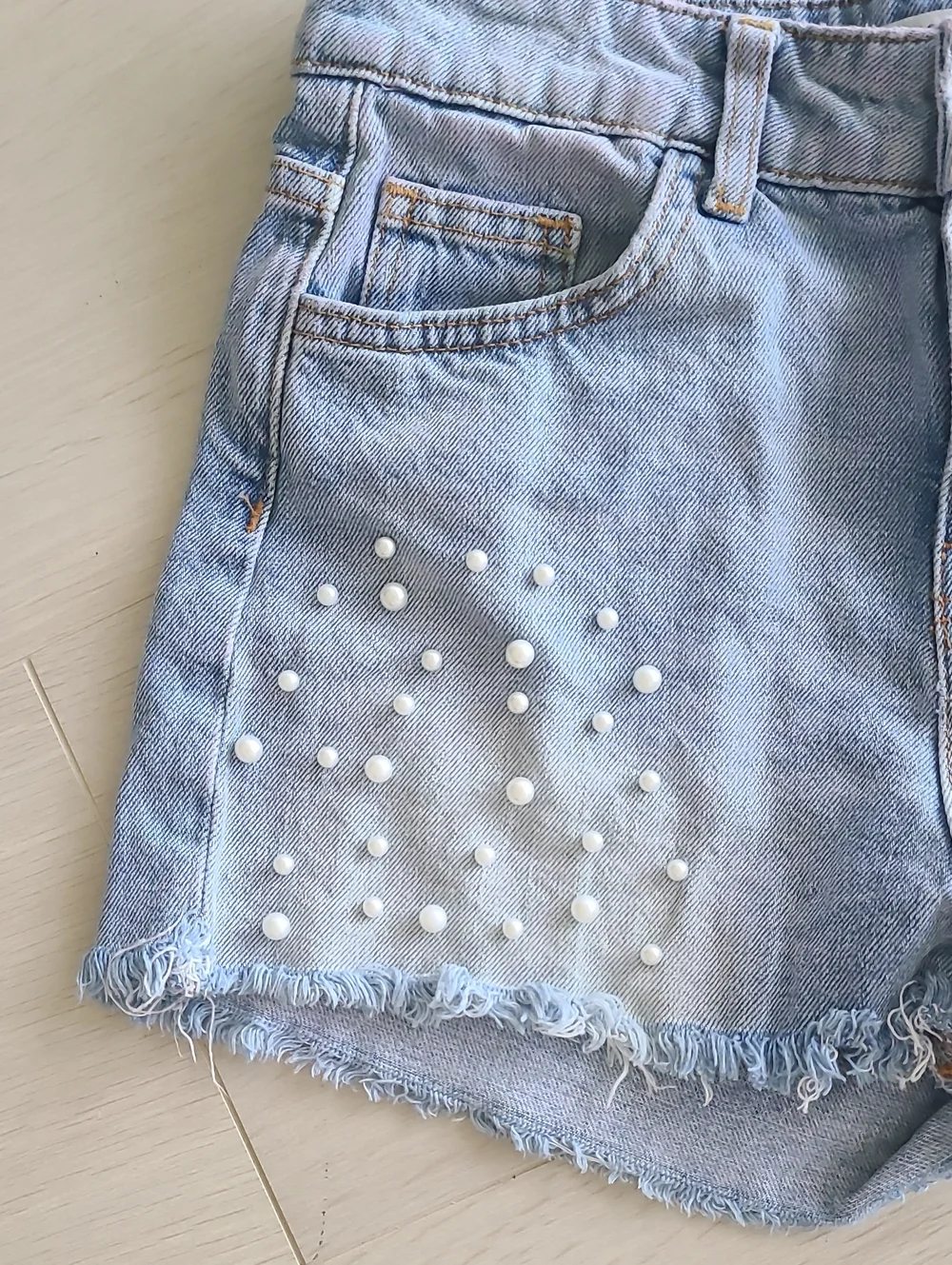 Zara Denim Shorts With Pearl Embellishment